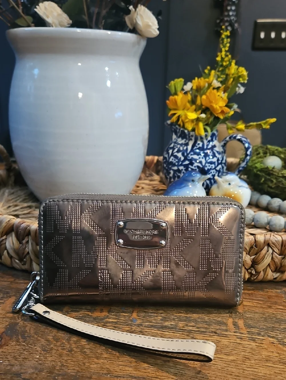 Michael Kors Metallic Bronze Logo Wristlet Wallet with Cream Strap